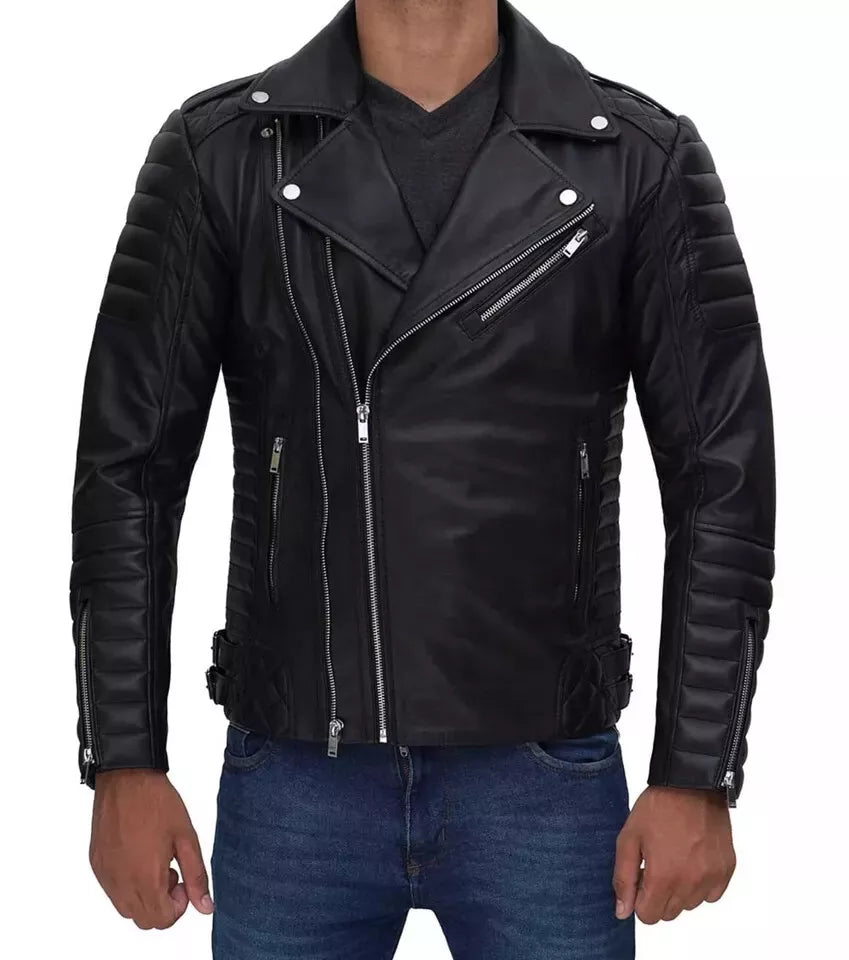 Mens Black Motorcycle Leather Biker Jacket