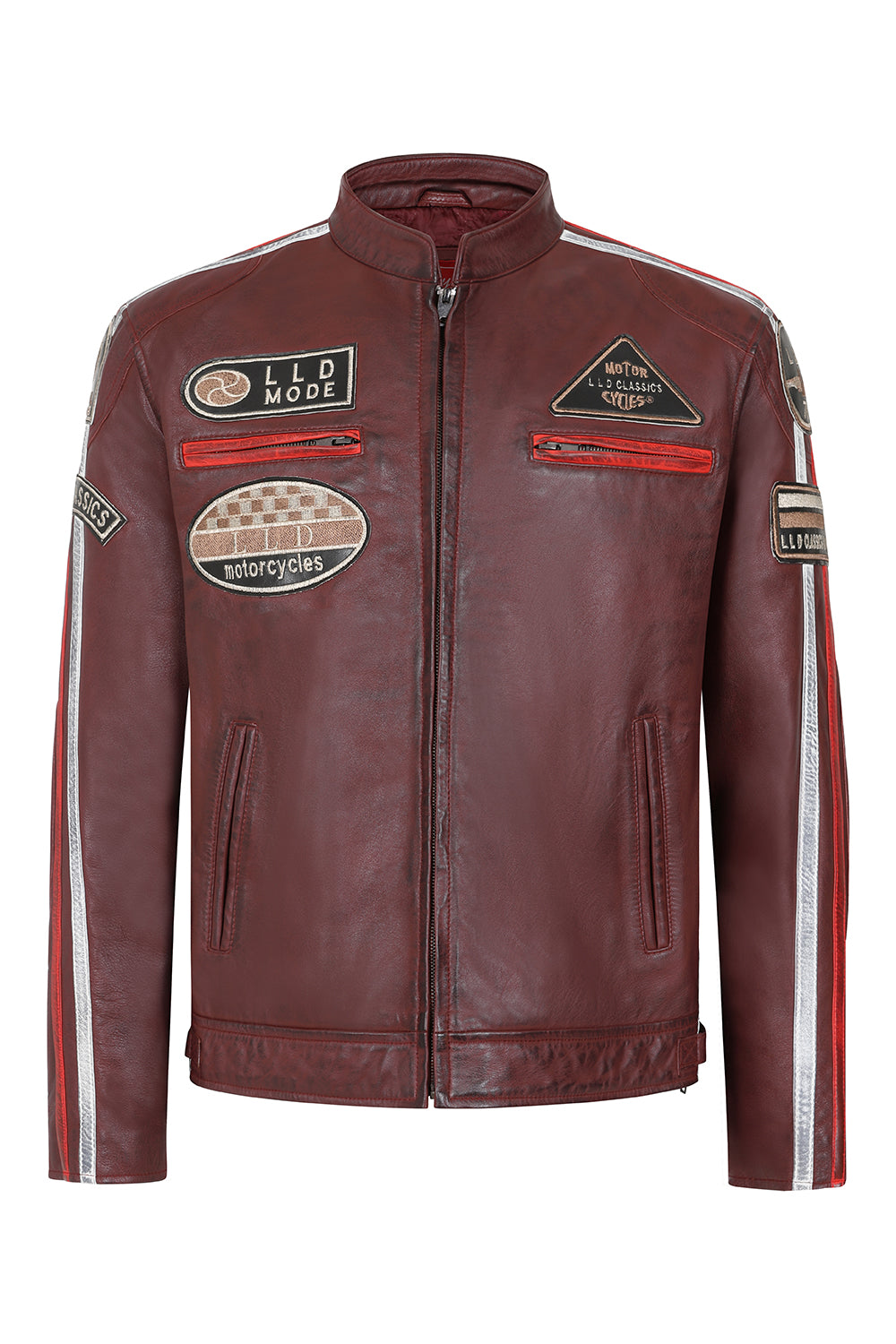 FRANK Men's Genuine Burgundy Leather Racing Jacket with Badges