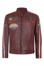 FRANK Men's Genuine Burgundy Leather Racing Jacket with Badges
