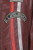 FRANK Men's Genuine Burgundy Leather Racing Jacket with Badges