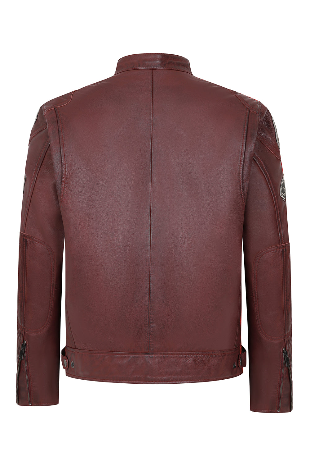 FRANK Men's Genuine Burgundy Leather Racing Jacket with Badges