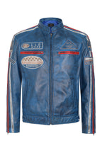 Men's Blue Genuine Leather Racing Jacket with Stripes - FRANK