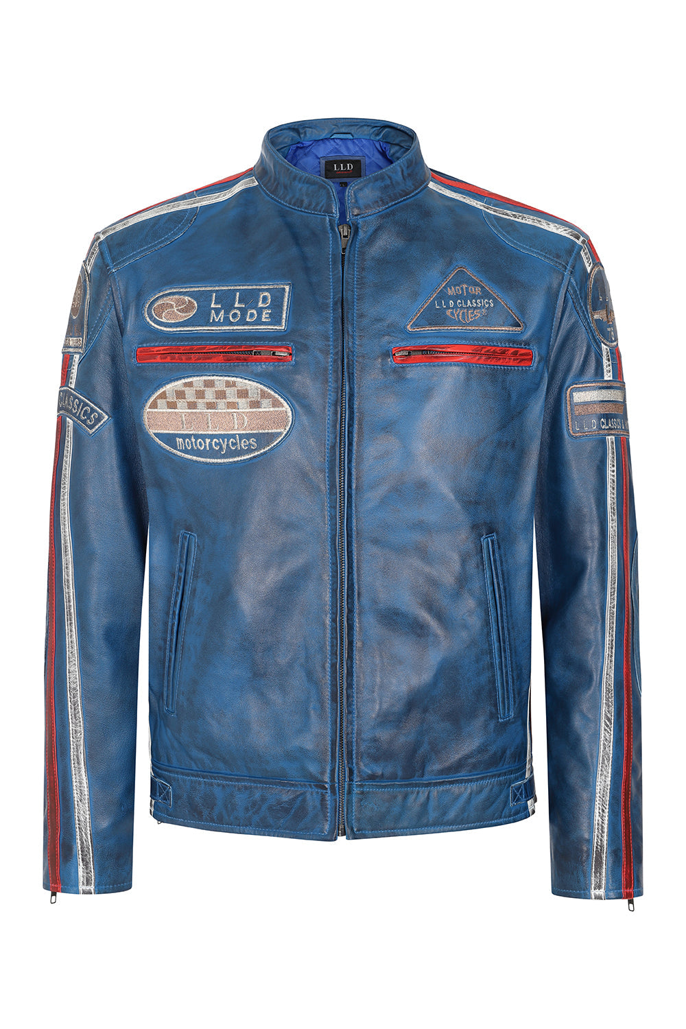 Men's Blue Genuine Leather Racing Jacket with Stripes - FRANK