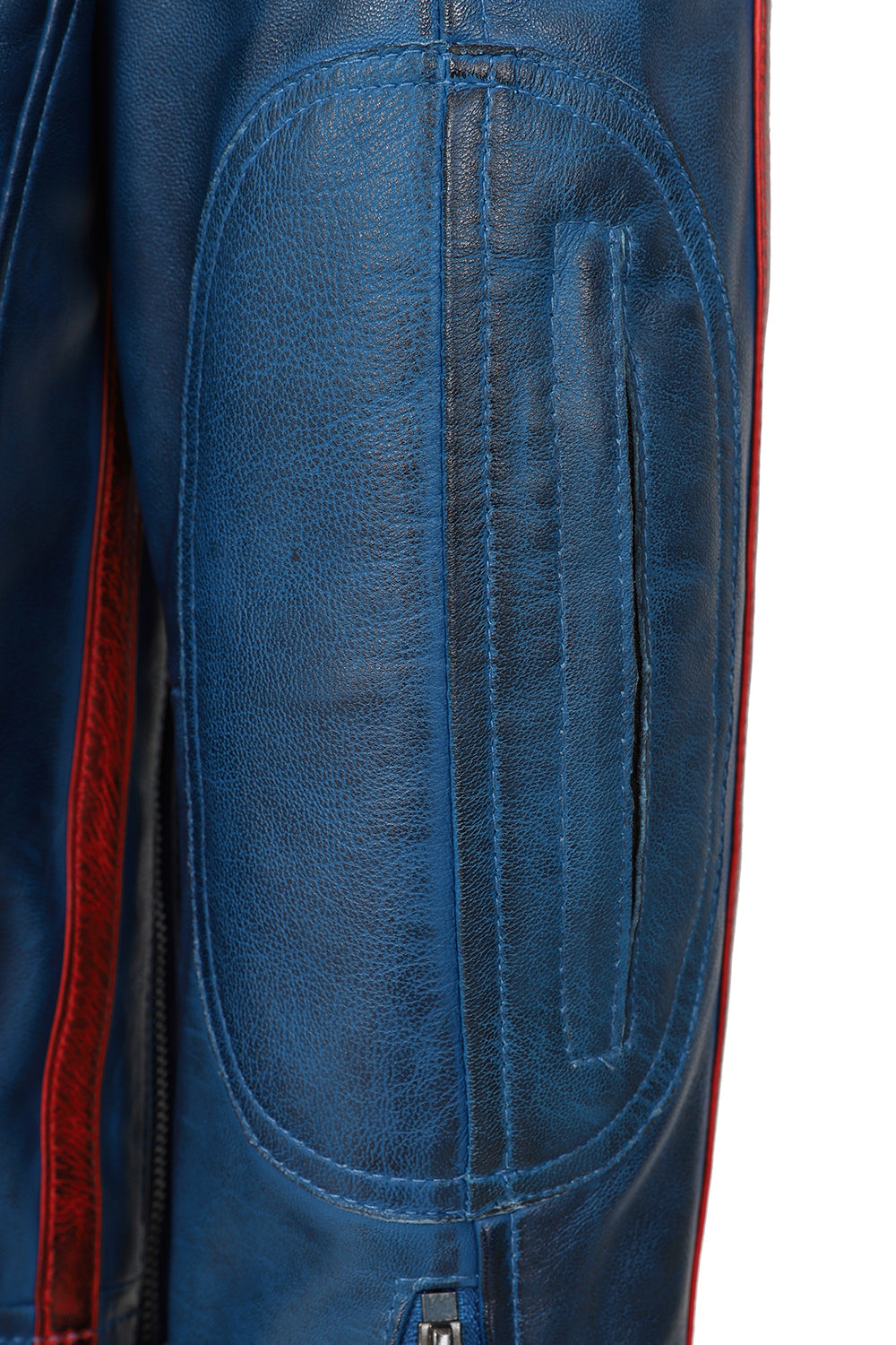 Men's Blue Genuine Leather Racing Jacket with Stripes - FRANK