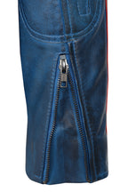 Men's Blue Genuine Leather Racing Jacket with Stripes - FRANK