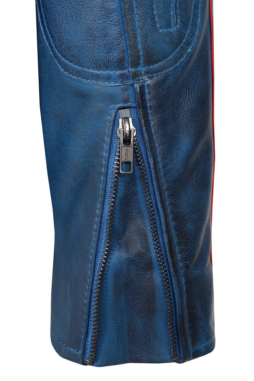Men's Blue Genuine Leather Racing Jacket with Stripes - FRANK