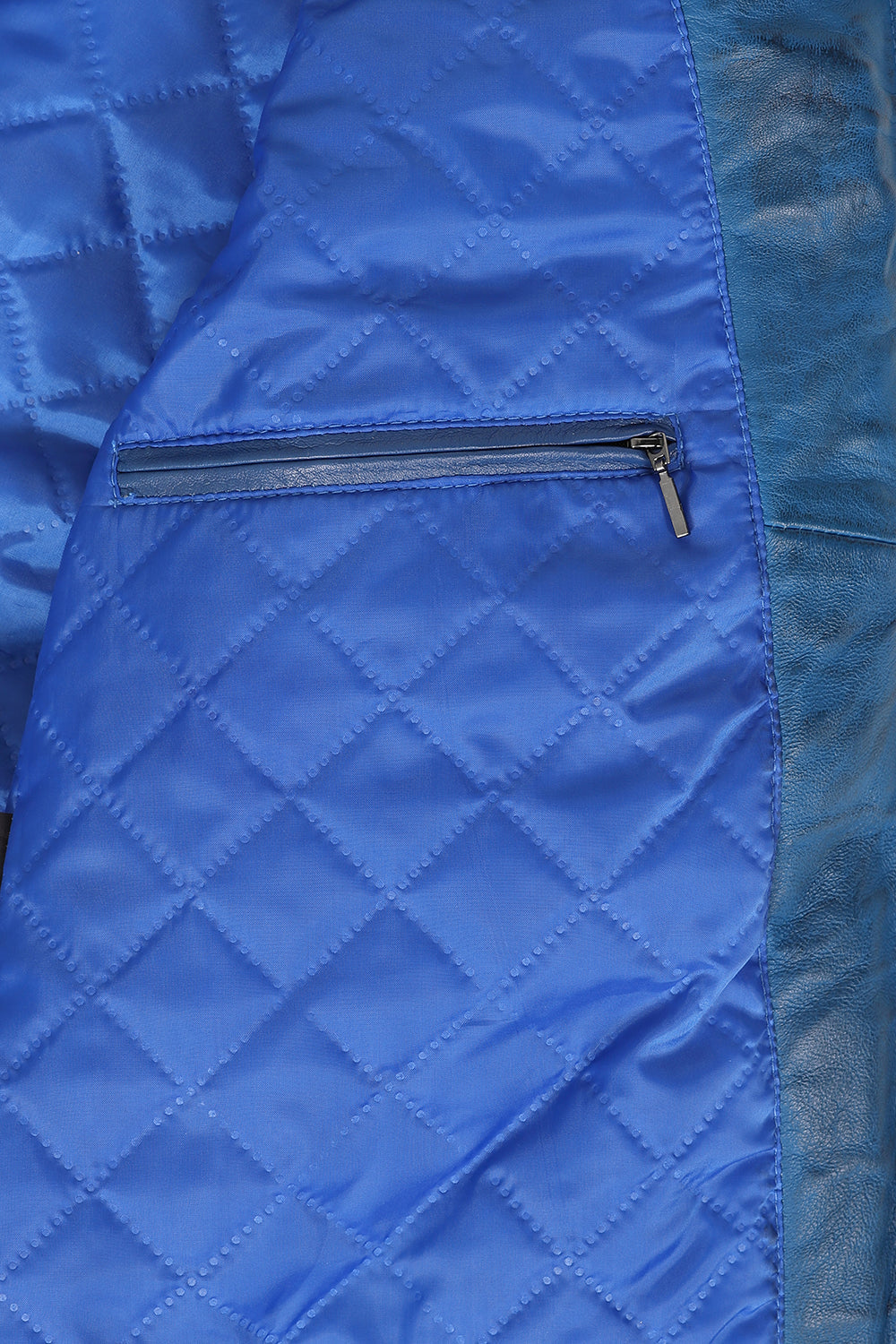Men's Blue Genuine Leather Racing Jacket with Stripes - FRANK