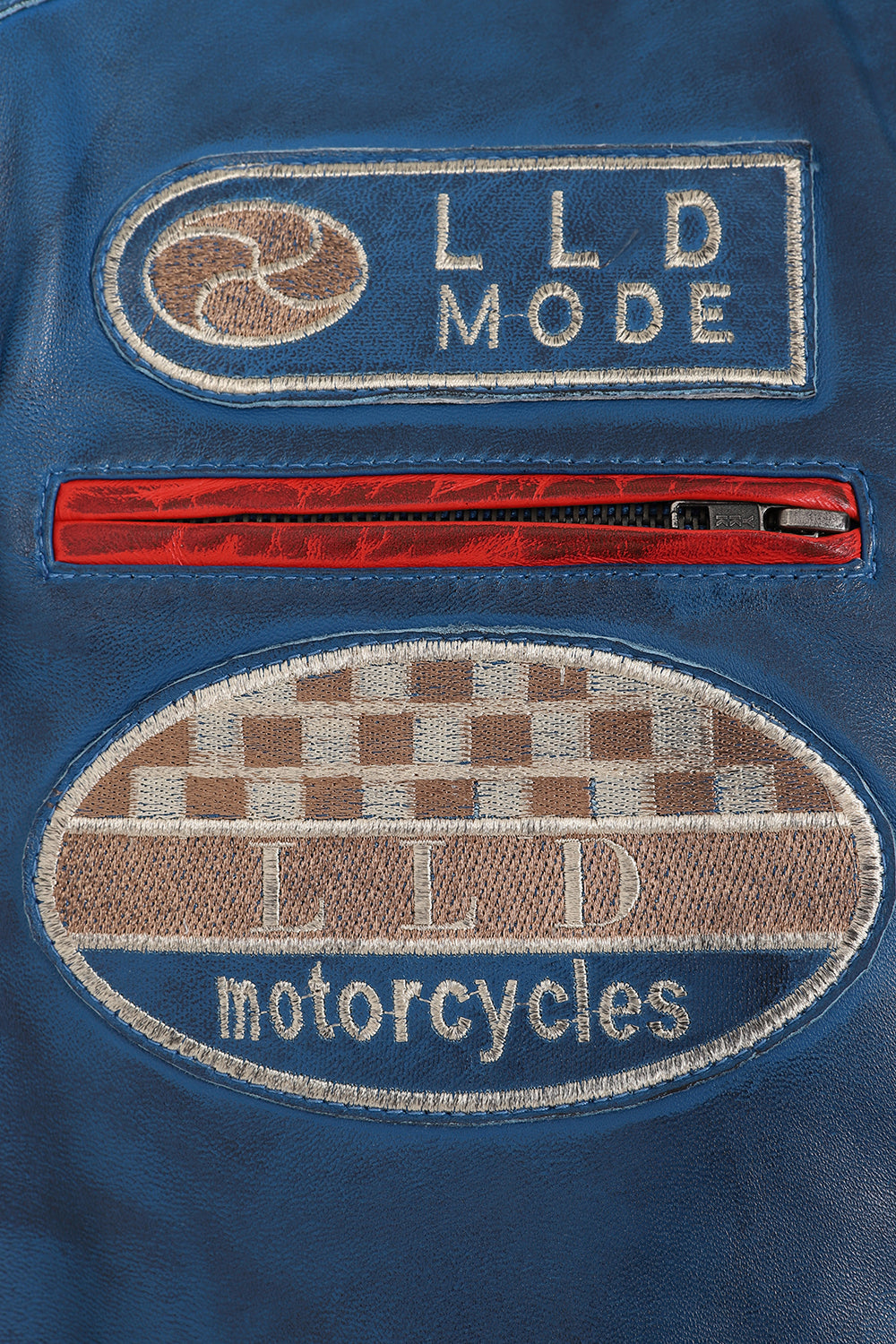 Men's Blue Genuine Leather Racing Jacket with Stripes - FRANK