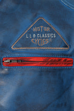 Men's Blue Genuine Leather Racing Jacket with Stripes - FRANK