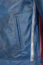 Men's Blue Genuine Leather Racing Jacket with Stripes - FRANK
