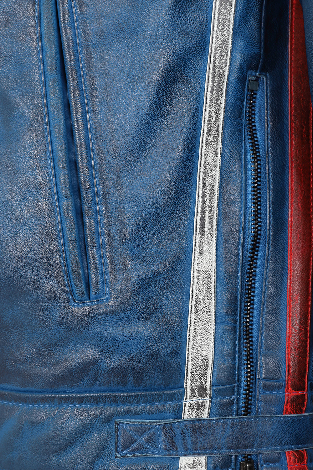 Men's Blue Genuine Leather Racing Jacket with Stripes - FRANK