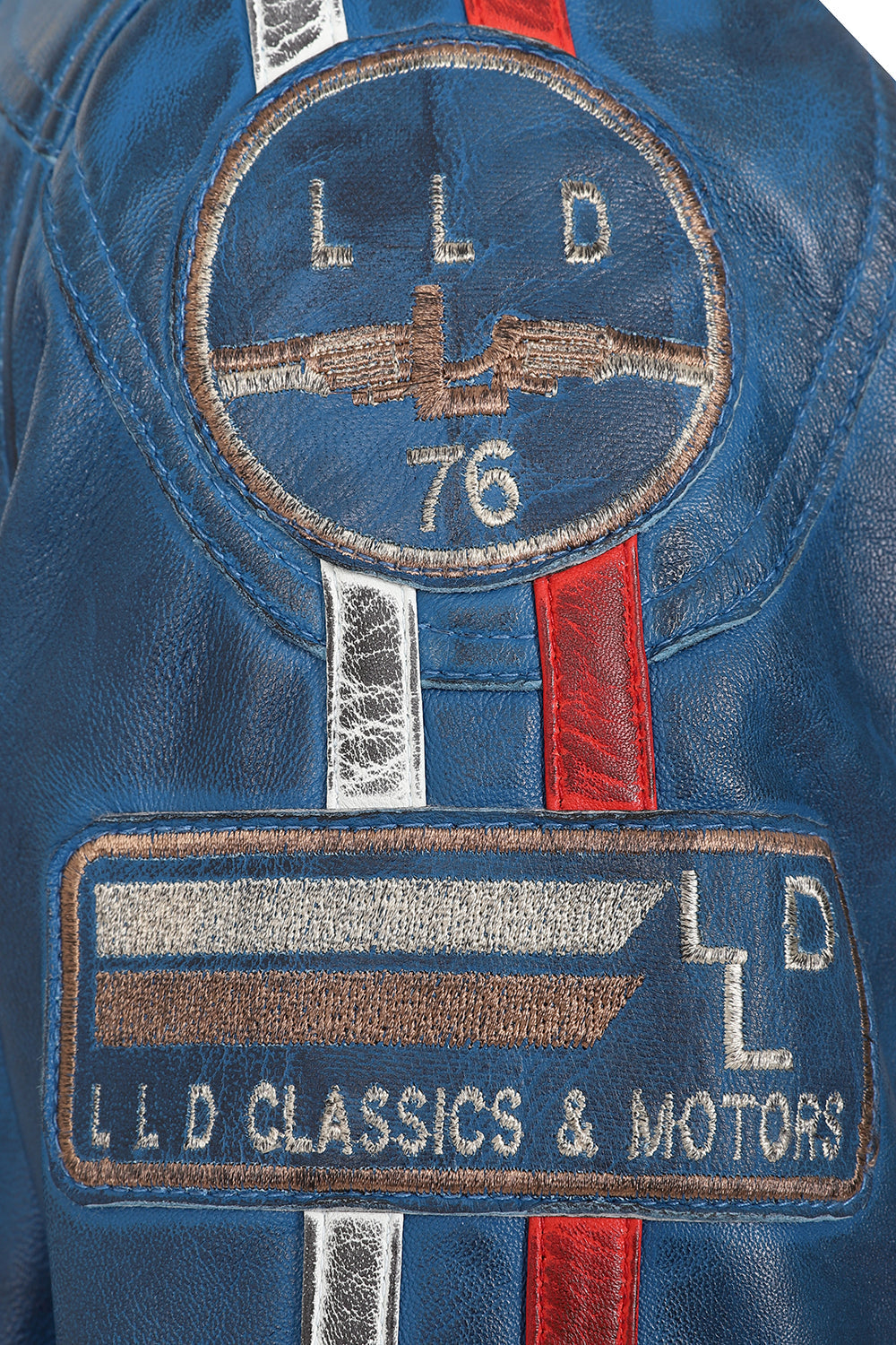 Men's Blue Genuine Leather Racing Jacket with Stripes - FRANK