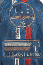 Men's Blue Genuine Leather Racing Jacket with Stripes - FRANK
