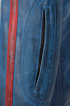 Men's Blue Genuine Leather Racing Jacket with Stripes - FRANK