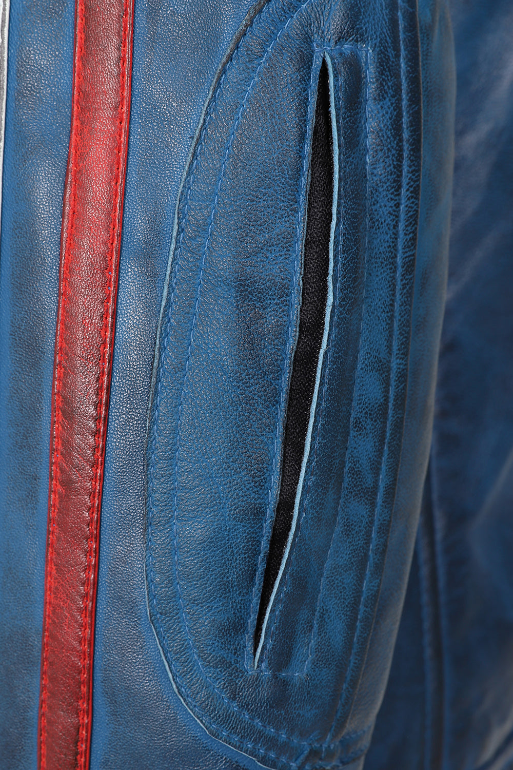 Men's Blue Genuine Leather Racing Jacket with Stripes - FRANK