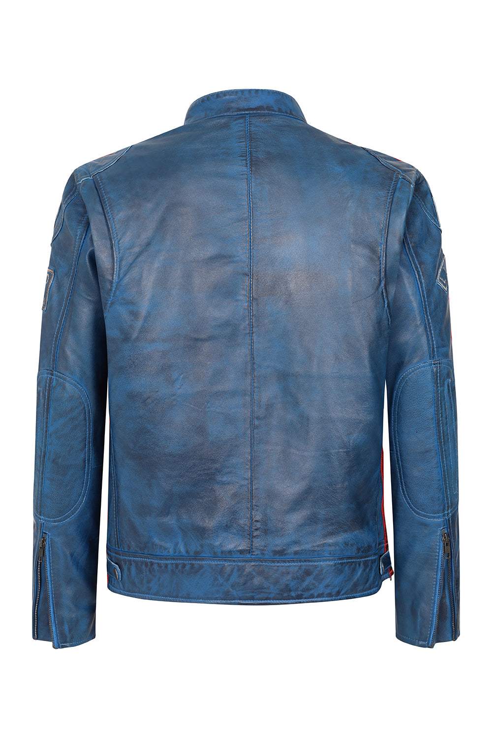 Men's Blue Genuine Leather Racing Jacket with Stripes - FRANK
