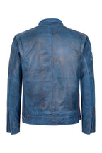 Men's Blue Genuine Leather Racing Jacket with Stripes - FRANK