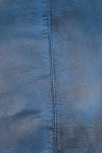 Men's Blue Genuine Leather Racing Jacket with Stripes - FRANK