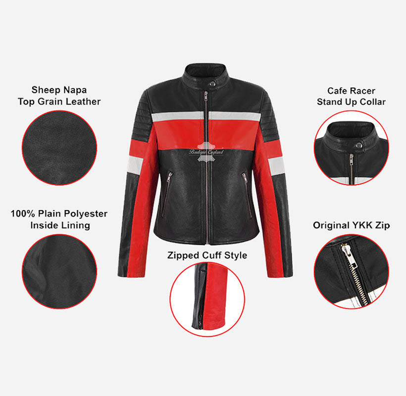 BOLT Women Leather Jacket Biker Style Black Red Jacket