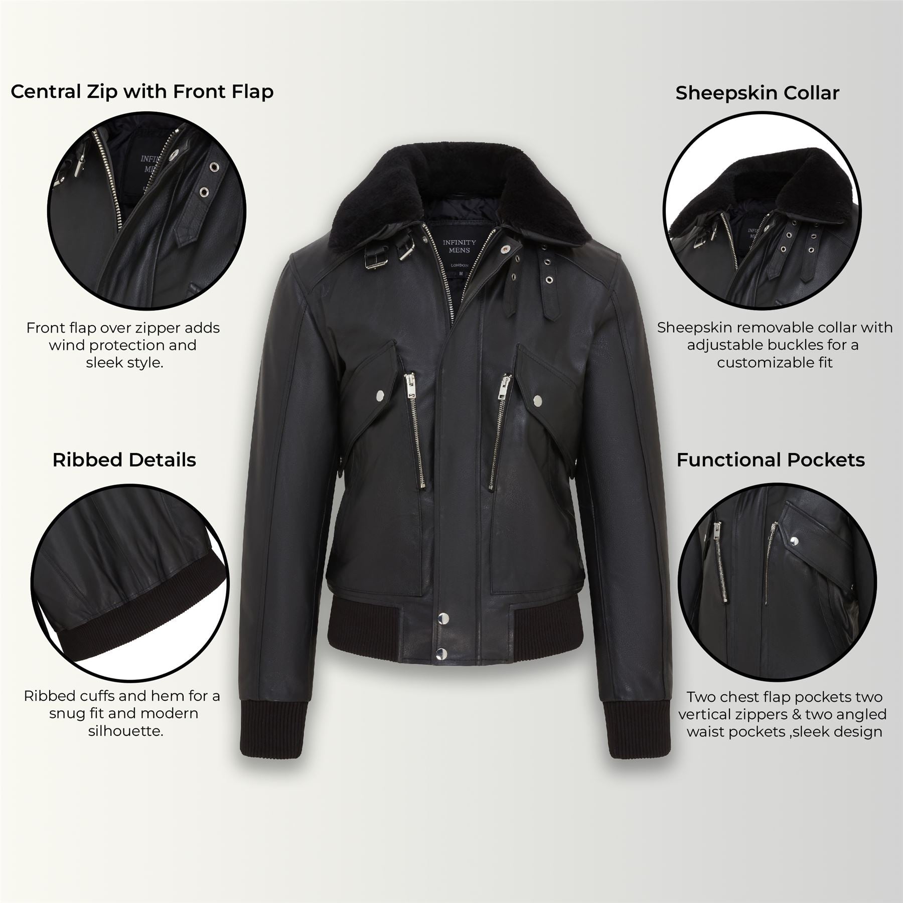 Mens Black Leather Cowhide Aviator Bomber Jacket  - Akhiok