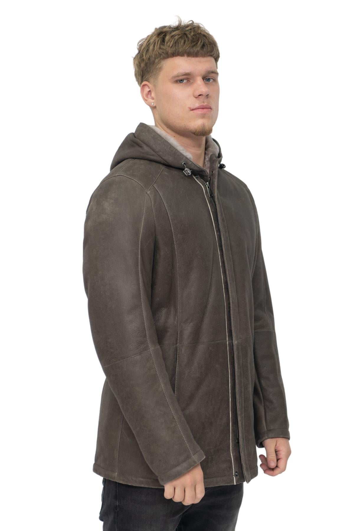 Mens Sheepskin Hooded Parka Coat-Alafaya