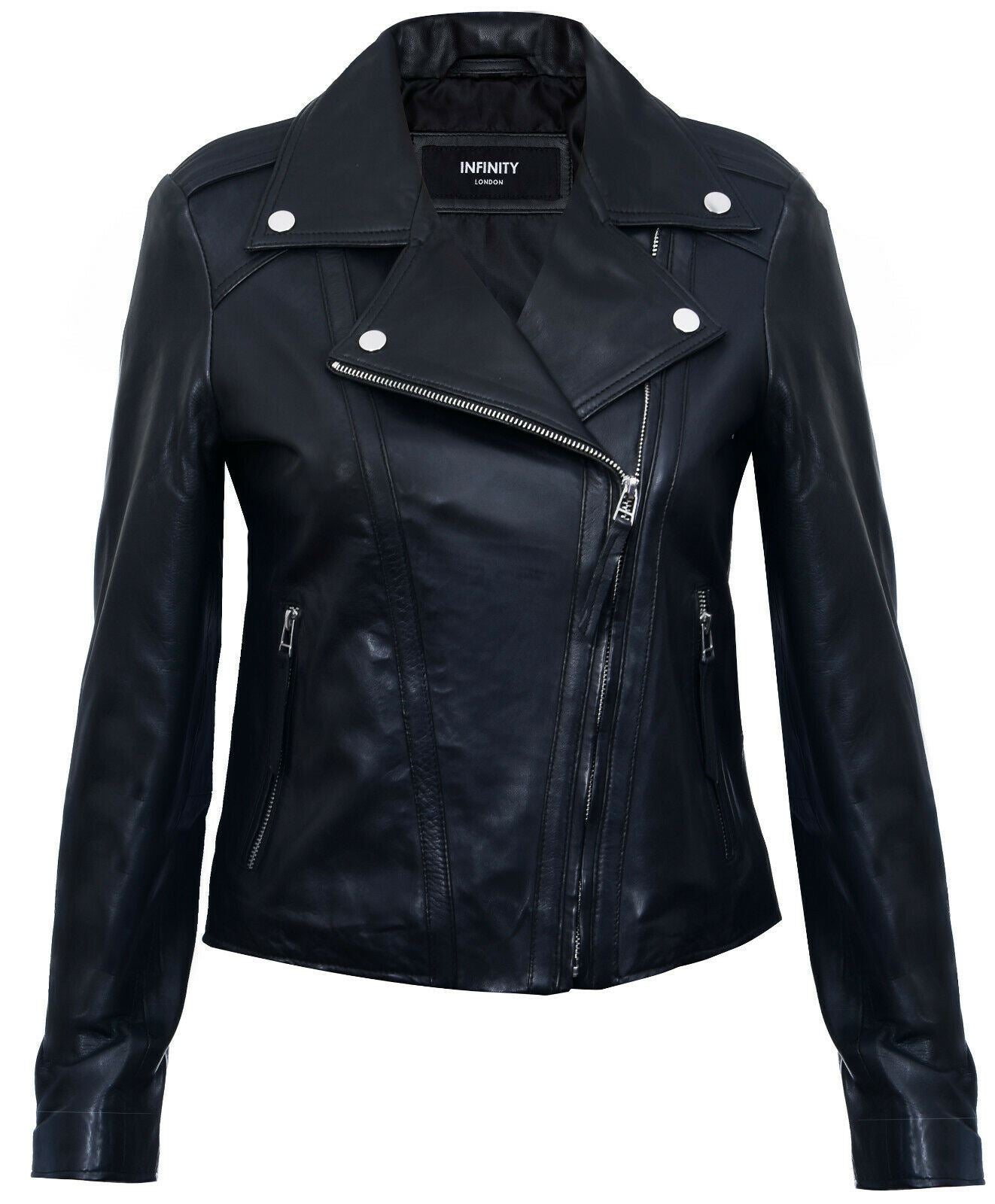 Womens Black Leather Biker Jacket-Tamale