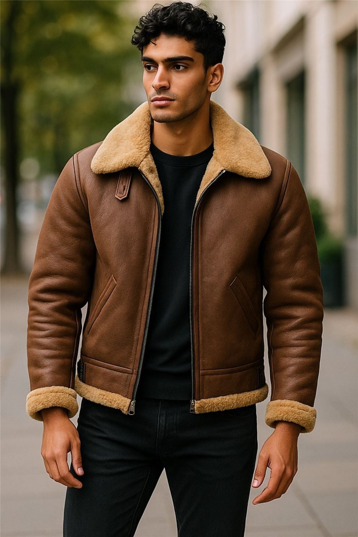 Mens B3 WW2 Sheepskin Leather Flying Aviator Jacket-Houston