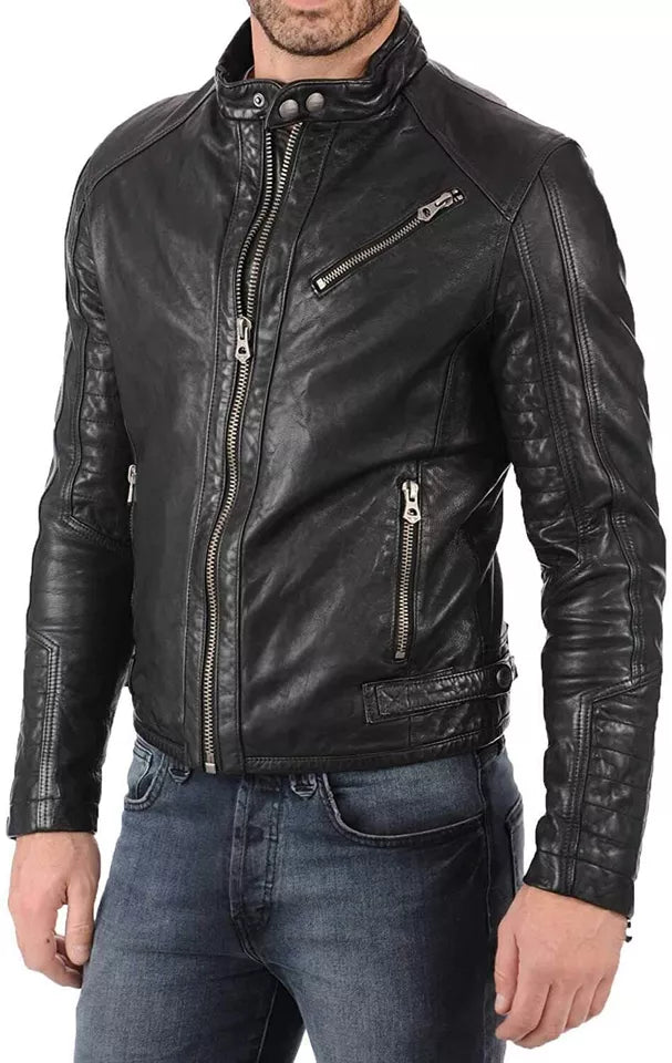 Men's Natural Genuine Lambskin Biker Classic Leather Jacket Stitch Design Zipper