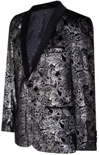 Mens Classic Silver Paisley Black Velvet Tuxedo Dinner Jacket Tailored Blazer