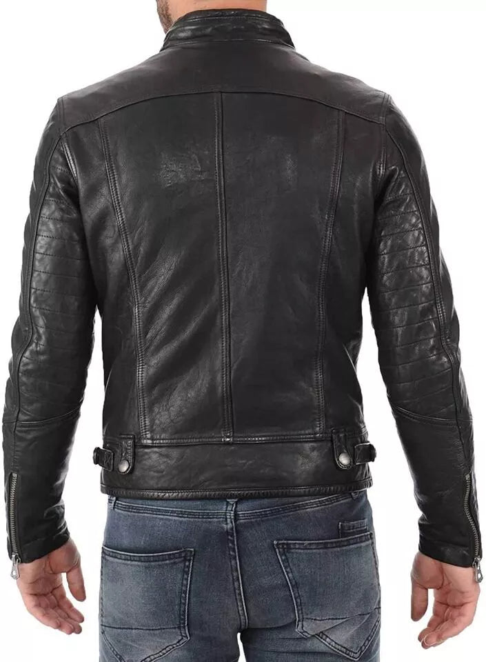 Men's Natural Genuine Lambskin Biker Classic Leather Jacket Stitch Design Zipper