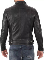 Men's Natural Genuine Lambskin Biker Classic Leather Jacket Stitch Design Zipper