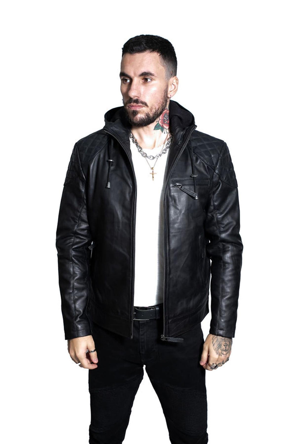 Mens Retro Hooded Leather Bomber Jacket-Zaria