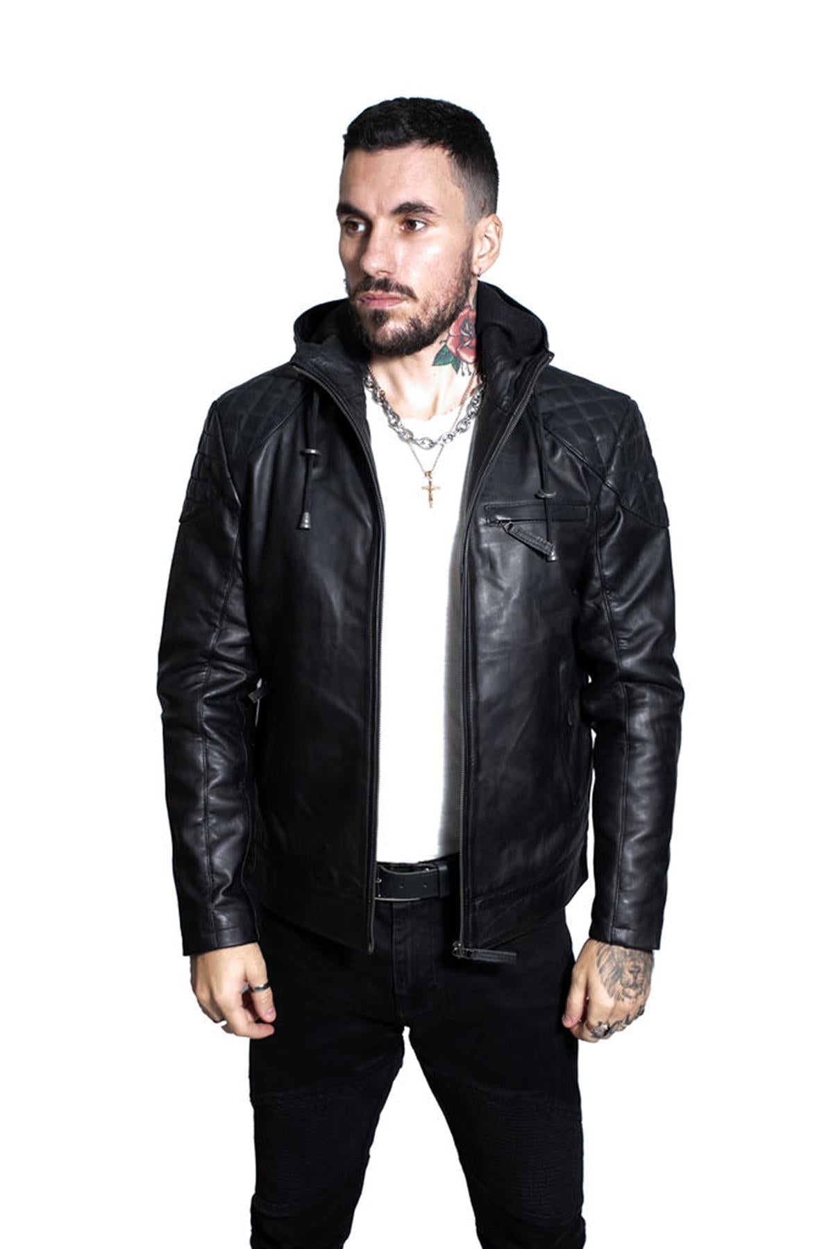 Mens Retro Hooded Leather Bomber Jacket-Zaria