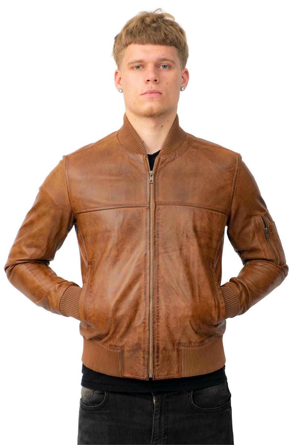 Mens Retro MA-1 Leather Bomber Jacket-Arlington