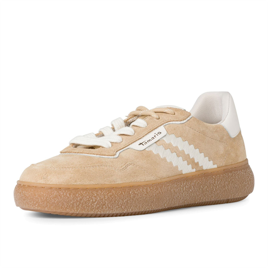 Tamaris Womens Beige White Leather Fashion Stripe Lace Up Sneakers