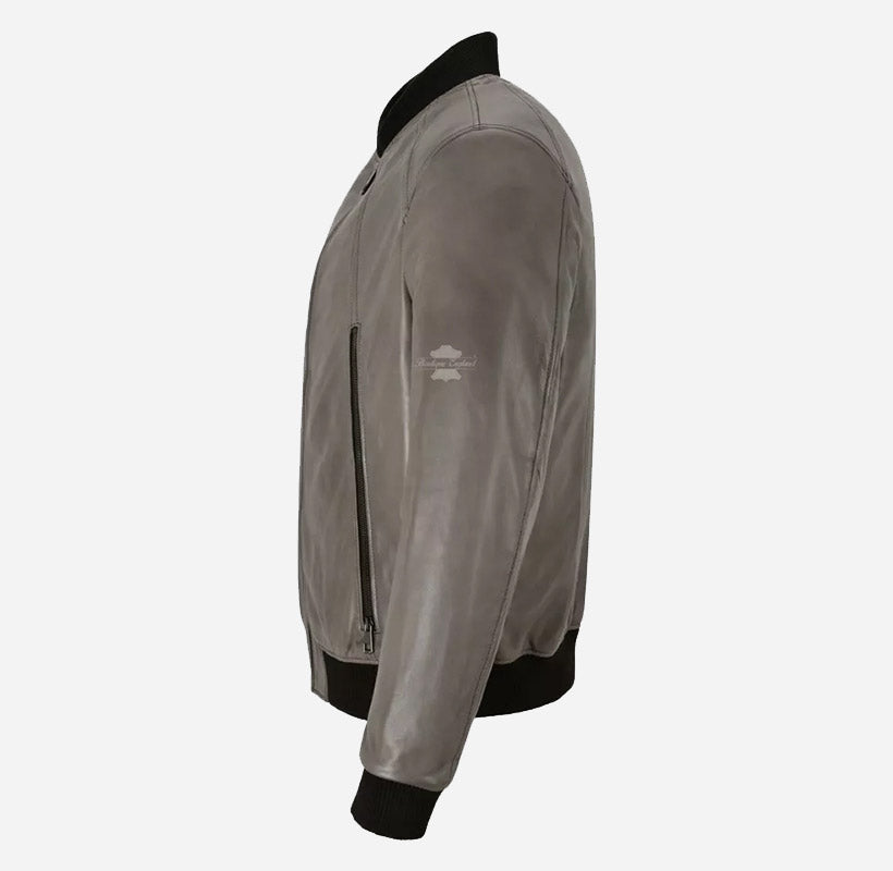 STANTAN Leather Bomber Jacket For Men's in Grey