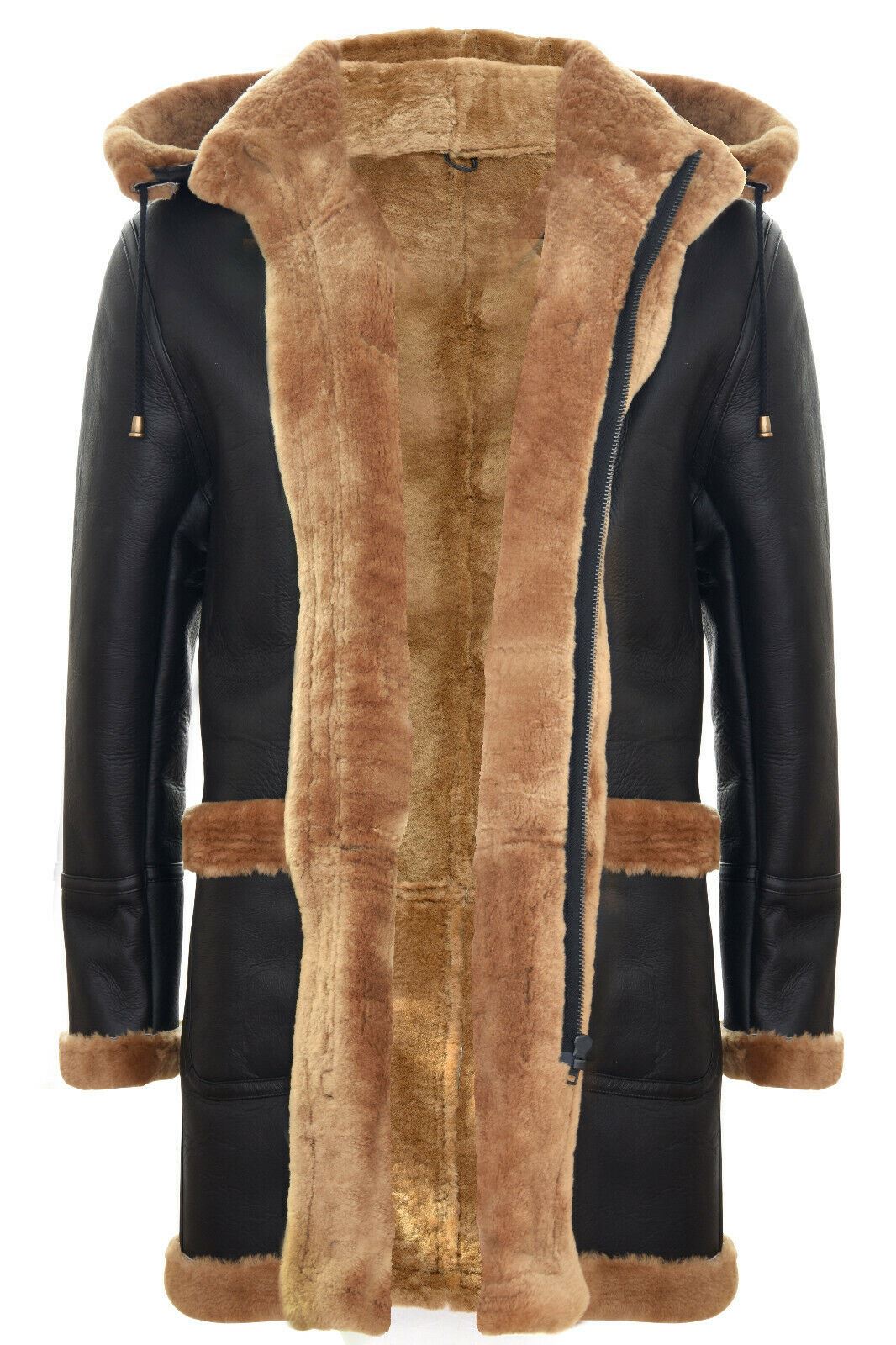 Mens Winter Sheepskin Hooded Duffle Coat-Helsinki