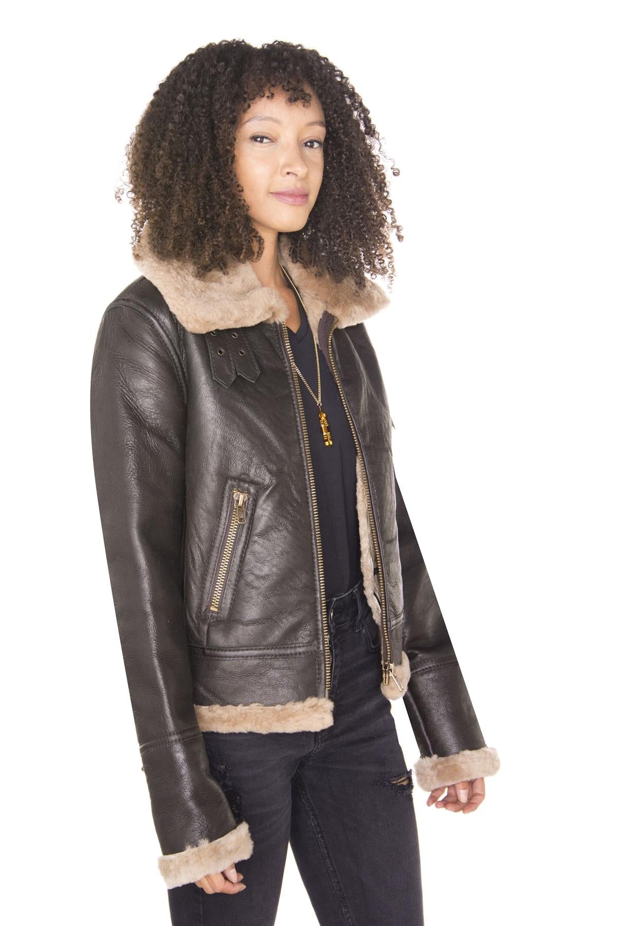 Womens Brown B3 Sheepskin Leather Flying Jacket-Kayseri