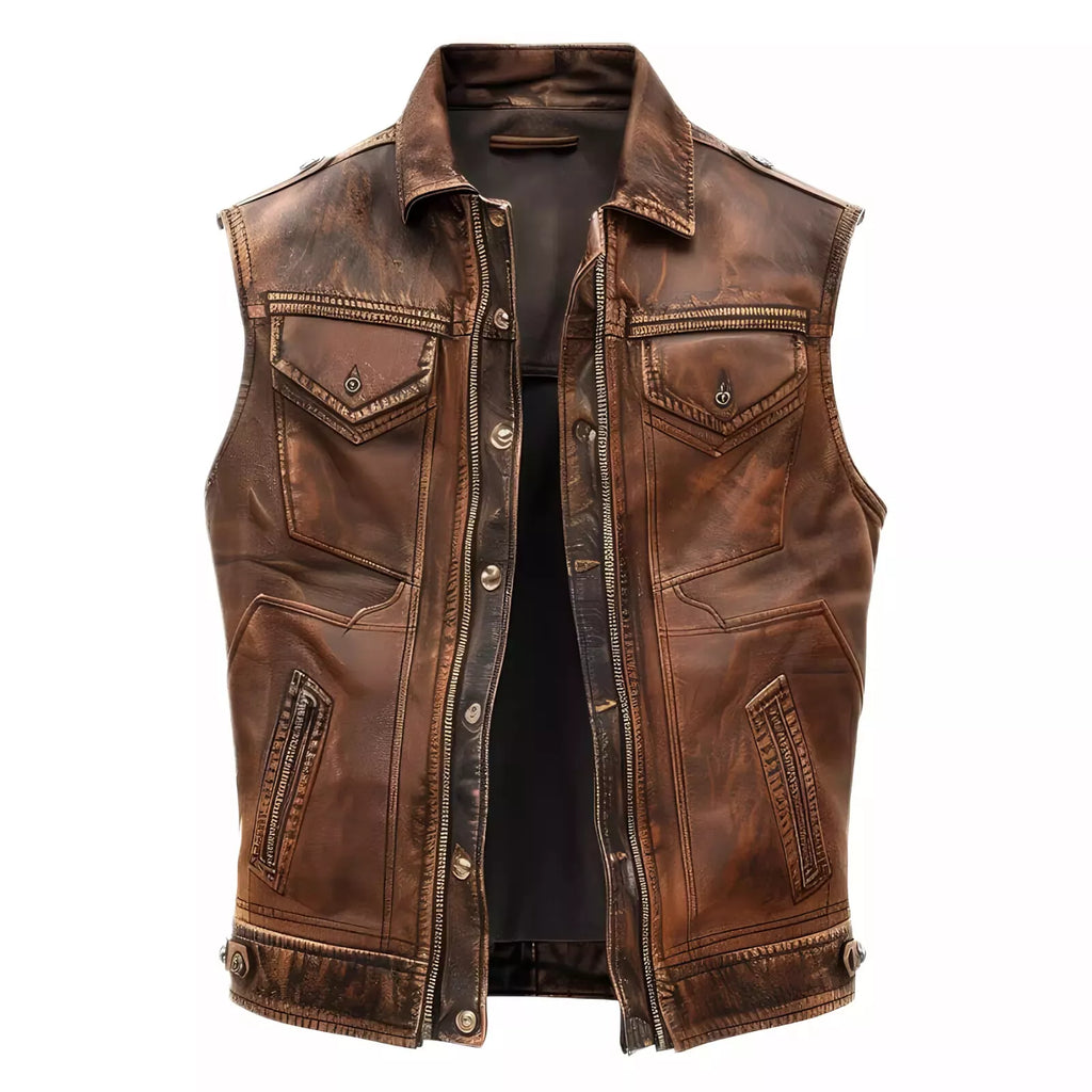 Men’s Distressed Brown Real Sheepskin Stylish Sleek Casual Light weight Motorcycle Biker Leather Vest.