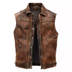 Men’s Distressed Brown Real Sheepskin Stylish Sleek Casual Light weight Motorcycle Biker Leather Vest.