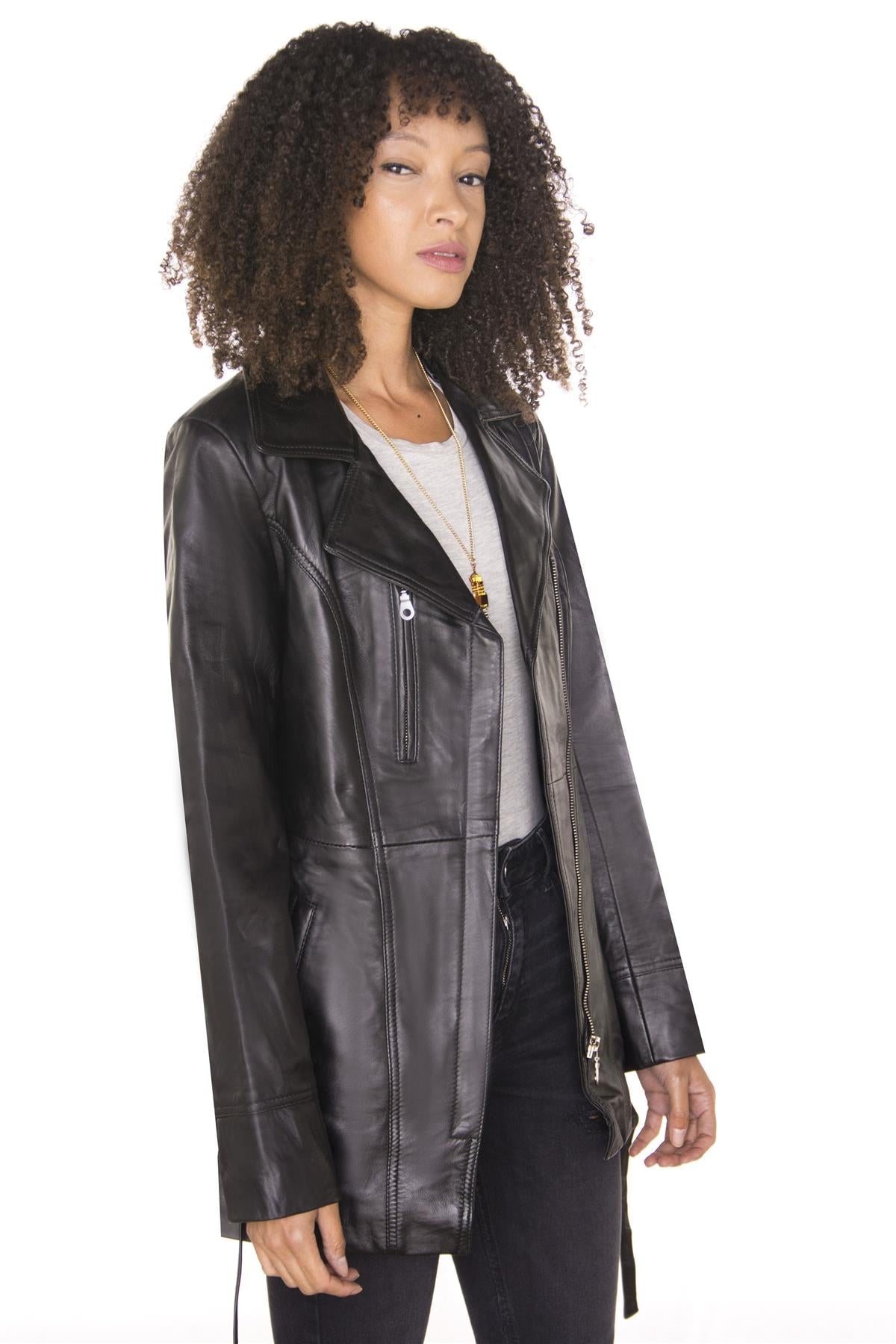 Womens Leather Long Biker Jacket-Muscat