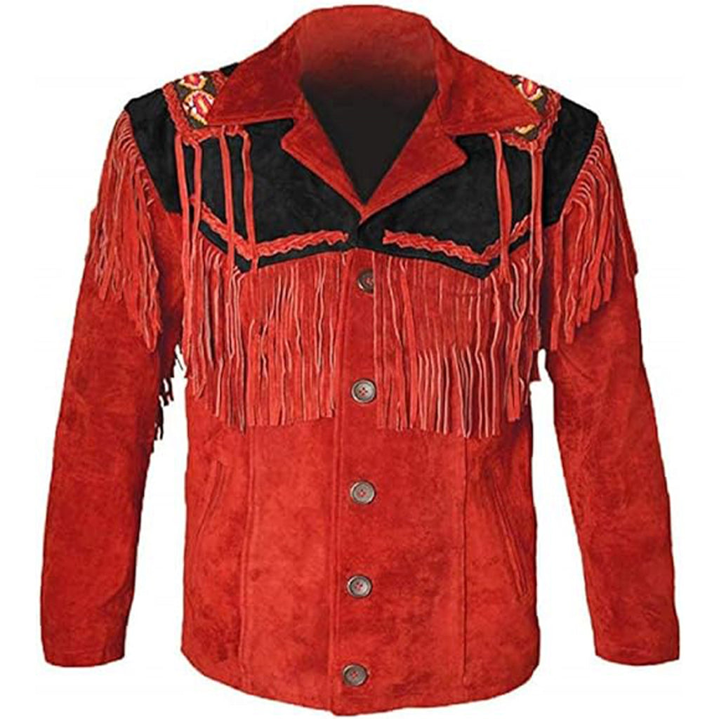 Men's Native American Western Cowboy Suede Leather Jacket Fringes Red & Black