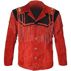 Men's Native American Western Cowboy Suede Leather Jacket Fringes Red & Black