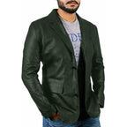 Men's Genuine Lambskin Real Leather Blazer Green Jacket TWO BUTTON Stylish Coat