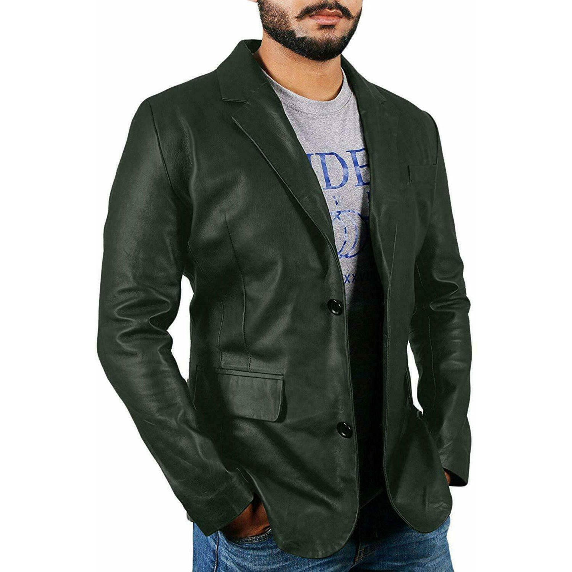 Men's Genuine Lambskin Real Leather Blazer Green Jacket TWO BUTTON Stylish Coat