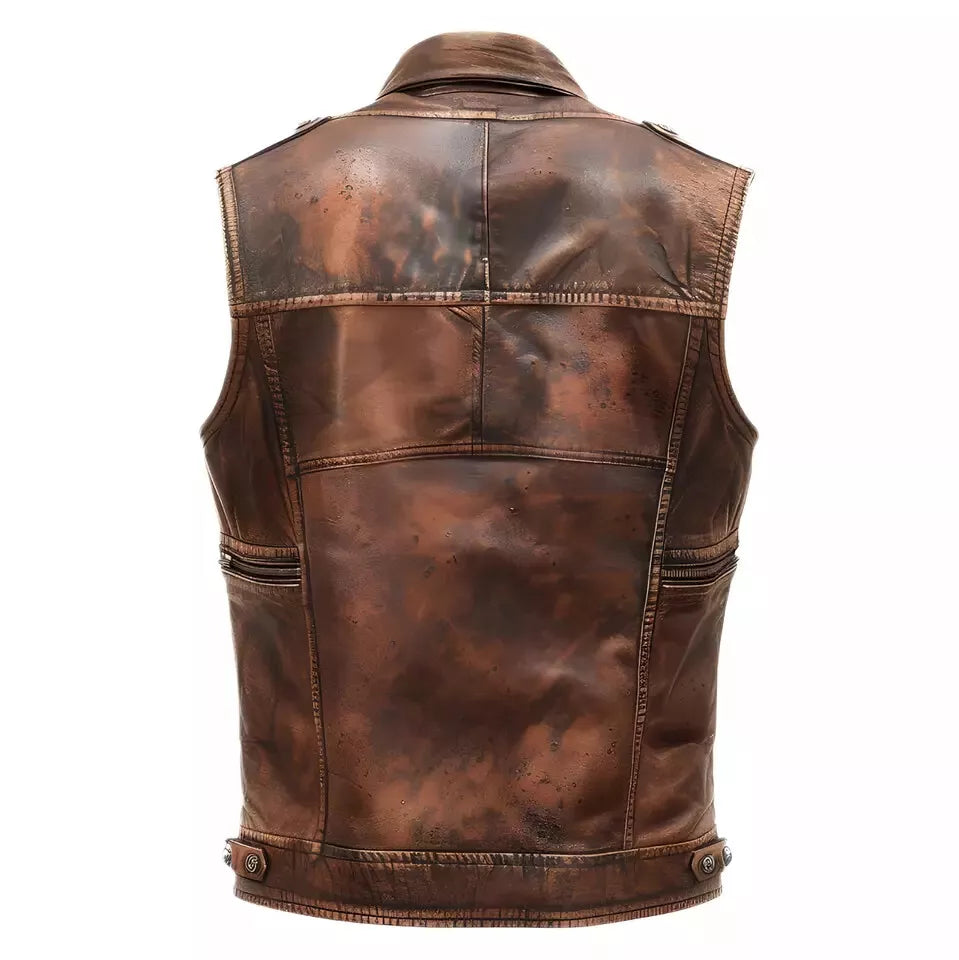 Men’s Distressed Brown Real Sheepskin Stylish Sleek Casual Light weight Motorcycle Biker Leather Vest.