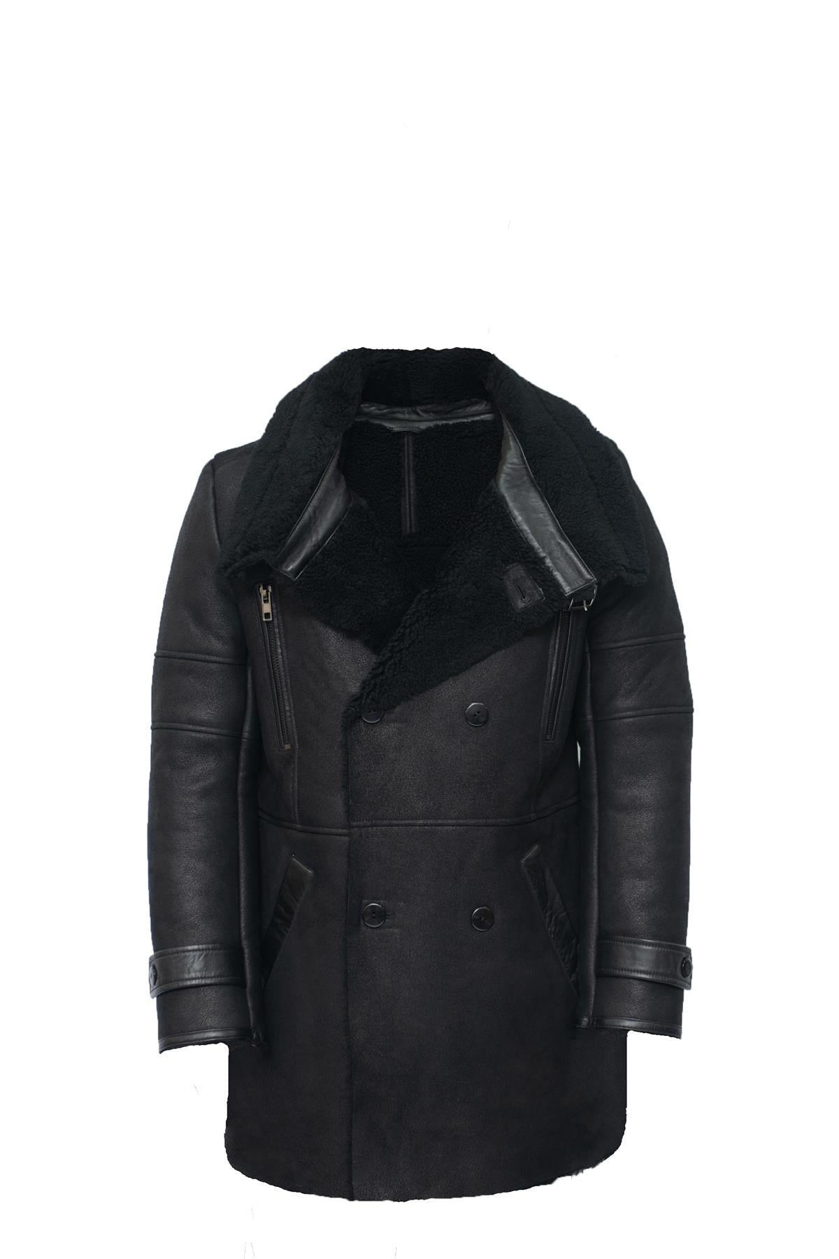 Mens Double Breasted Sheepskin Reefer Coat-Candon