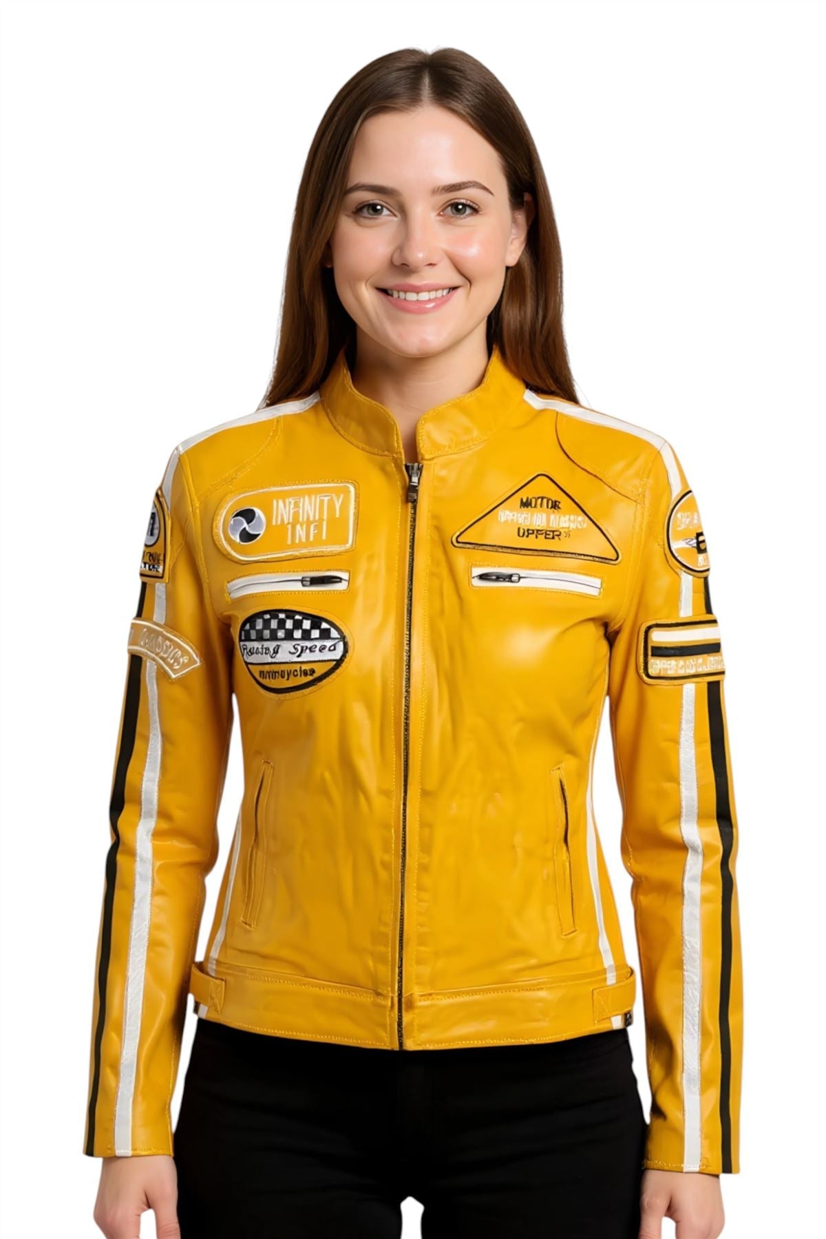 Womens Leather Biker Racing Badges Jacket-Agadir