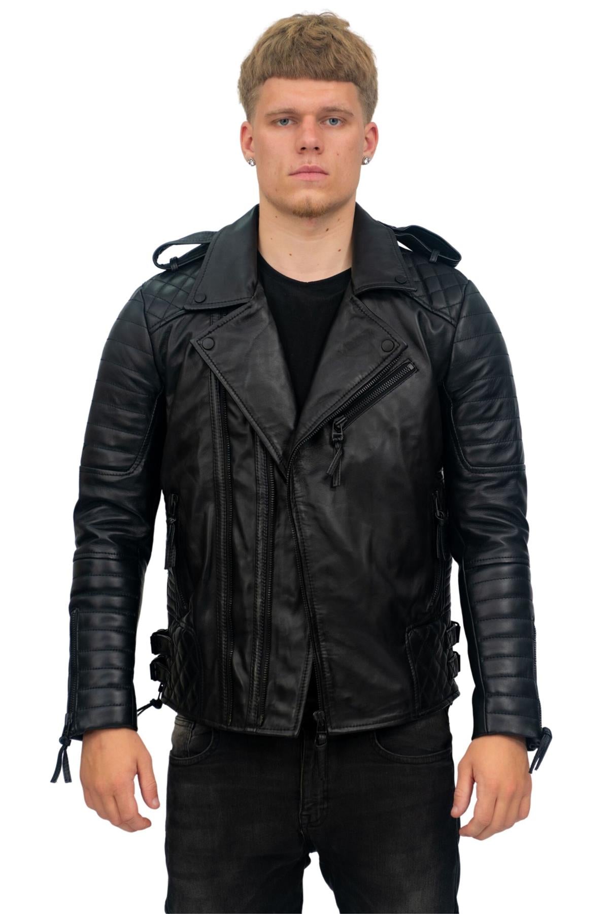 Mens Slim-Fit Double Zip Brando Leather Biker Jacket-Cairo