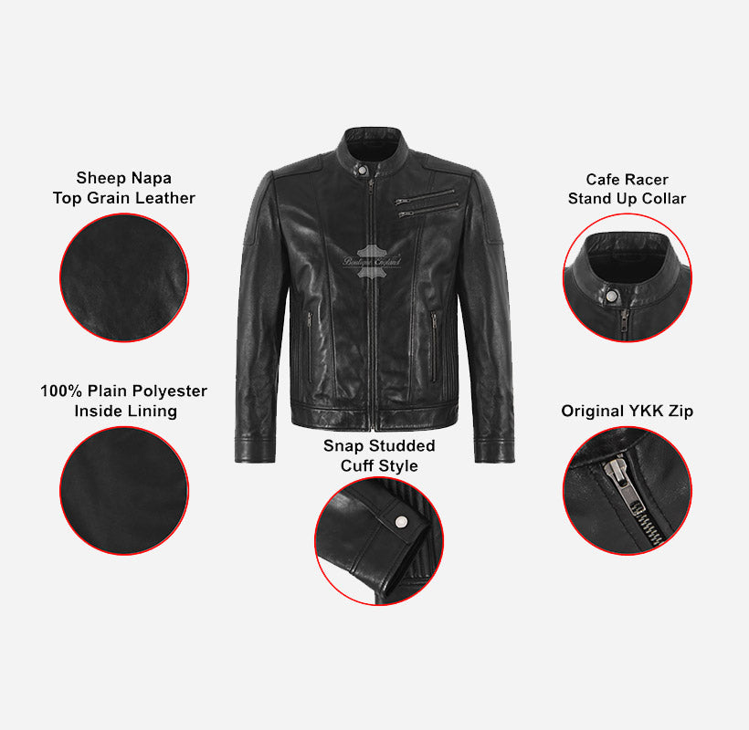 BANNING Men's Leather Racer Jacket in Black
